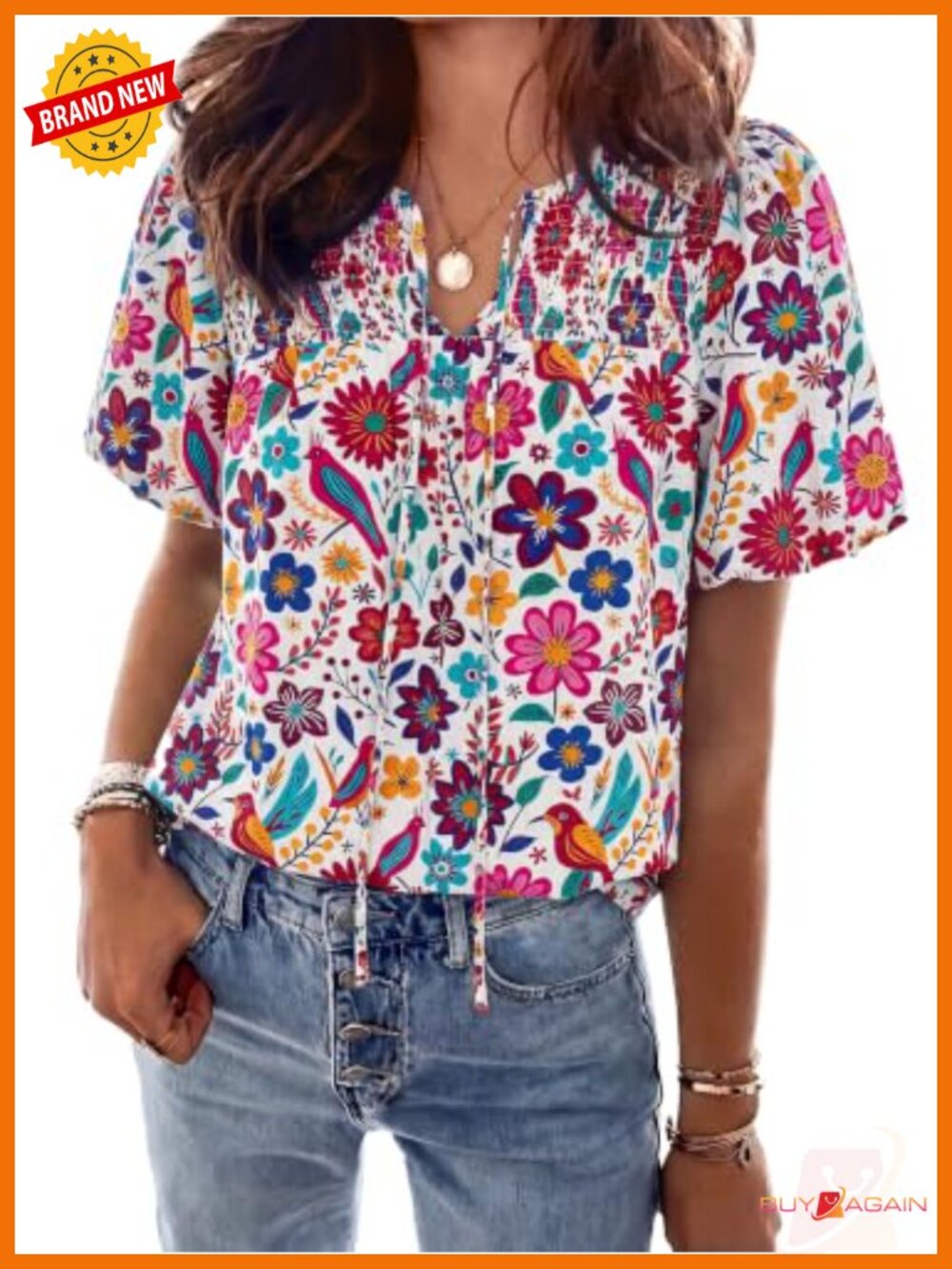 Boho Floral V-Neck Puff Sleeve Blouse Cotton Blend Peasant Top
